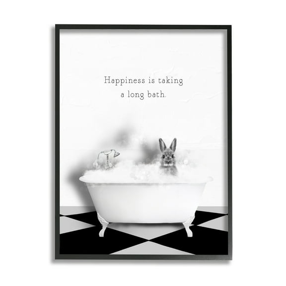 Stupell Industries Happiness is Long Bath Bunny Animals & Insects Painting Black Framed Art Print Wall Art, 11 x 14