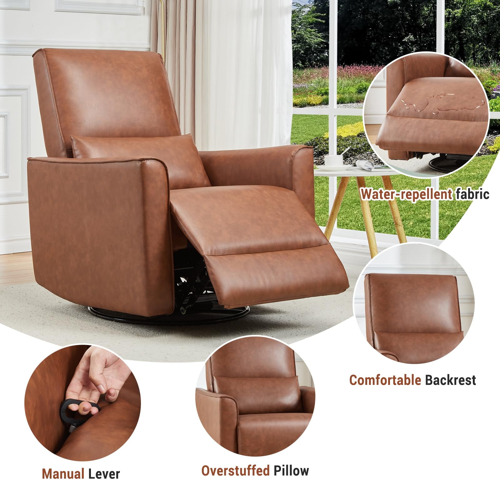 TROPOW 360° Swivel, Rocking Chair Nursery, Glider Rocker Recliner, PU Leather Sofa Chair with high Back, Deep Seat for Nursery, Living Room, Bedroom, Brown