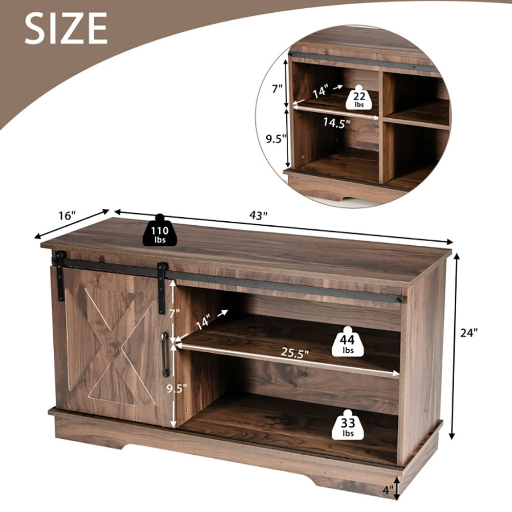 Finihen TV Stand, TV Cabinet, Sliding Barn Door TV Stand with Adjustable Shelf Cabinet, Media Entertainment Center with Storage, for Living Room, Bedroom, Dark Walnut