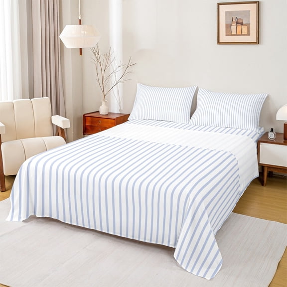 jejeloiu Stripes Lines Geometric Twin Sheet Sets,Modern Abstract Art Twin Fitted Sheet,Blue White Flat Sheet For Adults,Ultra Soft Home Decor,3 Pieces