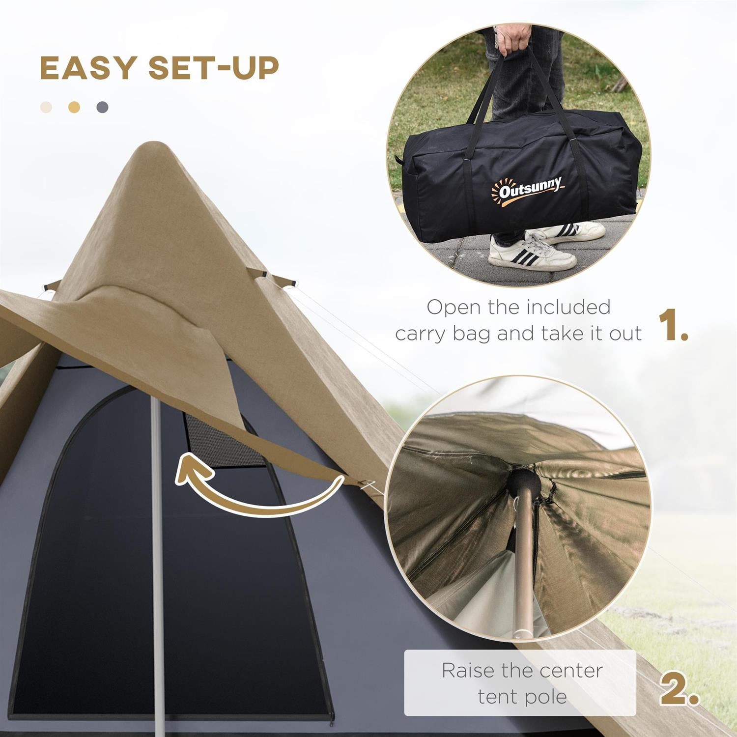 Demifill 2-3 Person Waterproof Teepee Camping Tent - Brown, 15.4'x15.4'x8.5' Size, With Porch Area, Floor & Carry Bag for Outdoor Activities