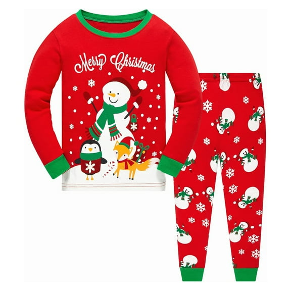 Toddler Boys Outfits Long Sleeved Christmas Snowman Pattern Print Tops and Pants 2 Piece Sleepwear Clothes Set Size 2-3T ,Red
