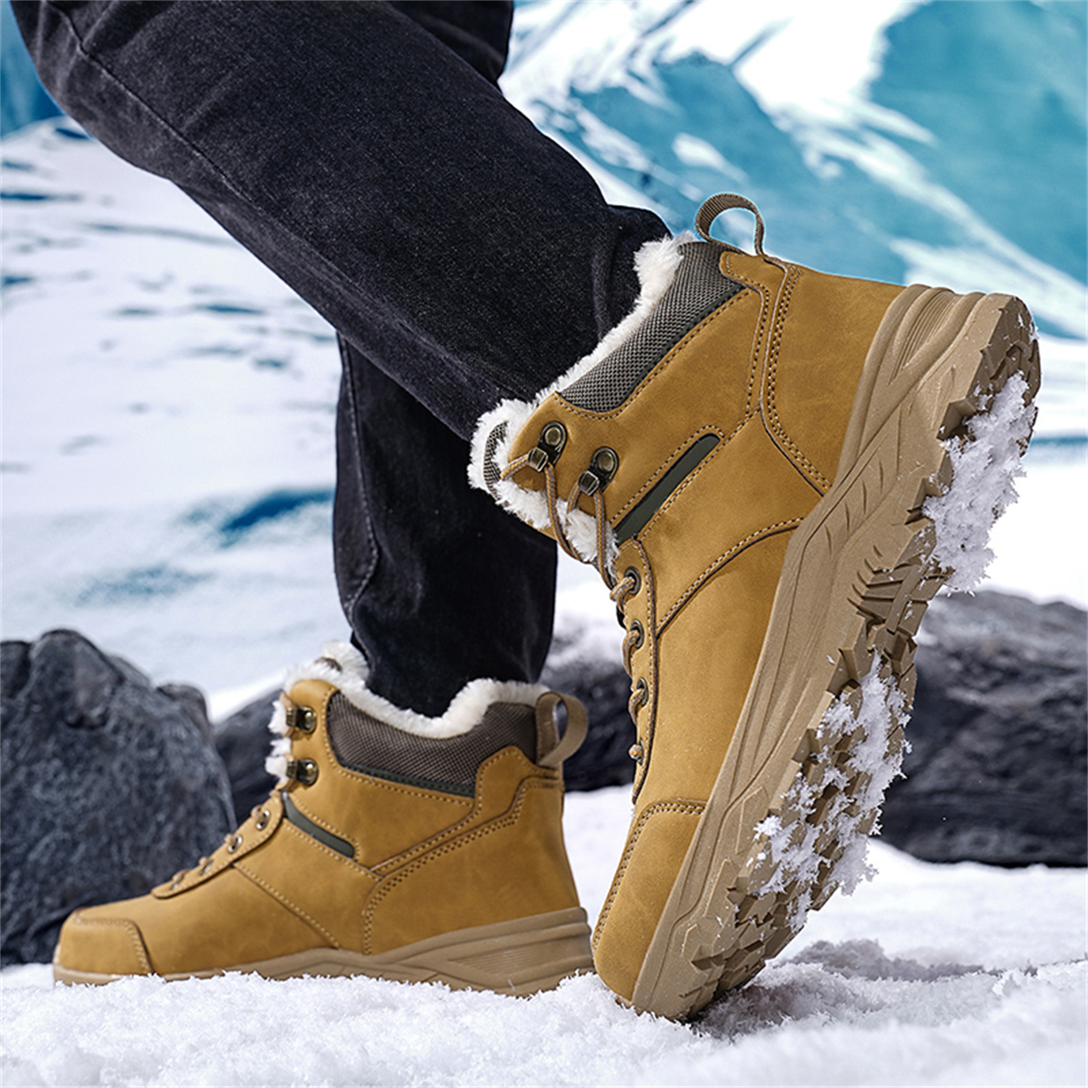 YOURDIARY Men's Ankle High Waterproof Hiking Boots Outdoor Snow Boots Trekking Trails Shoes Faux Fur Lining