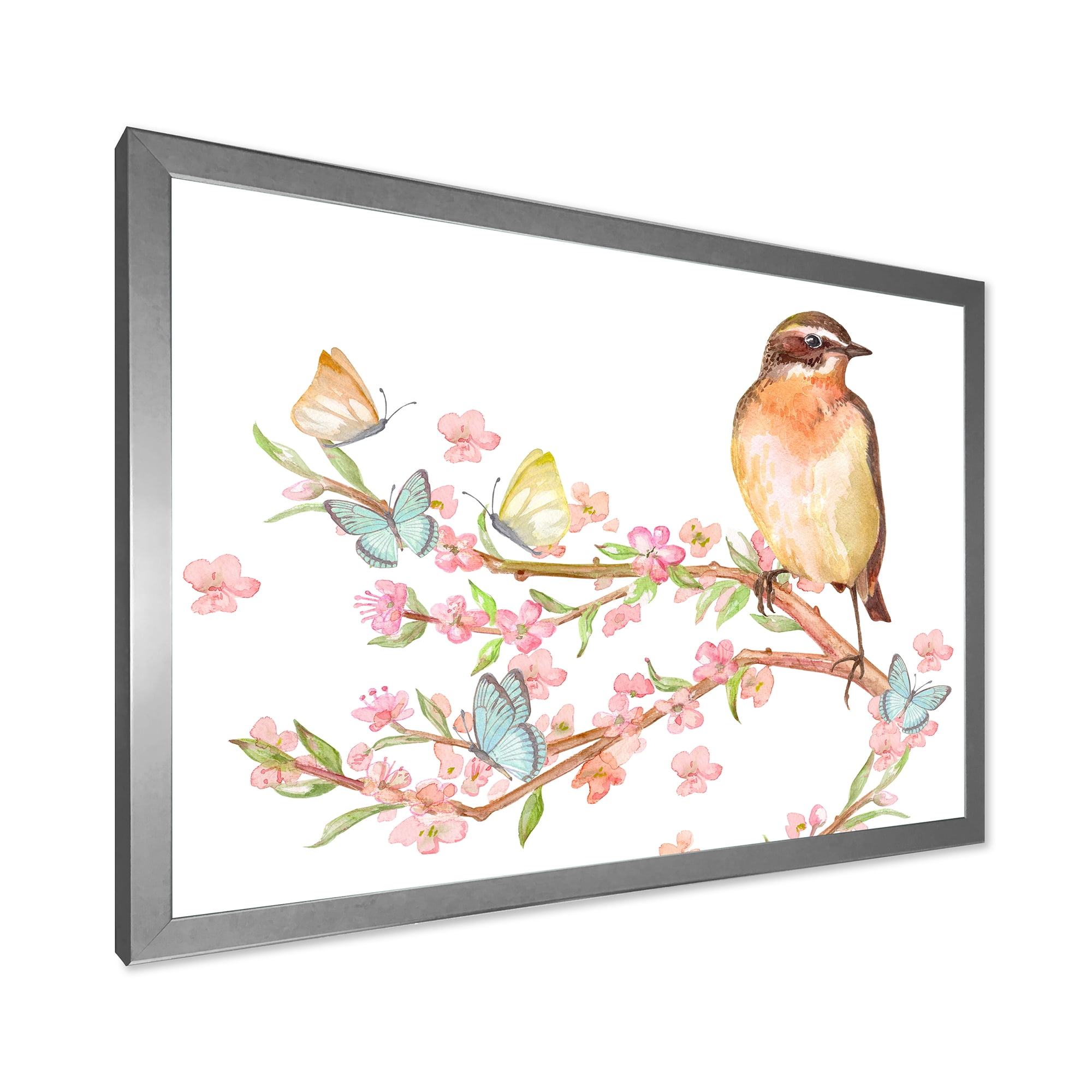 Designart 'Lovely Bird Sitting On Branch of Sakura With Butterflies' Traditional Framed Art Print
