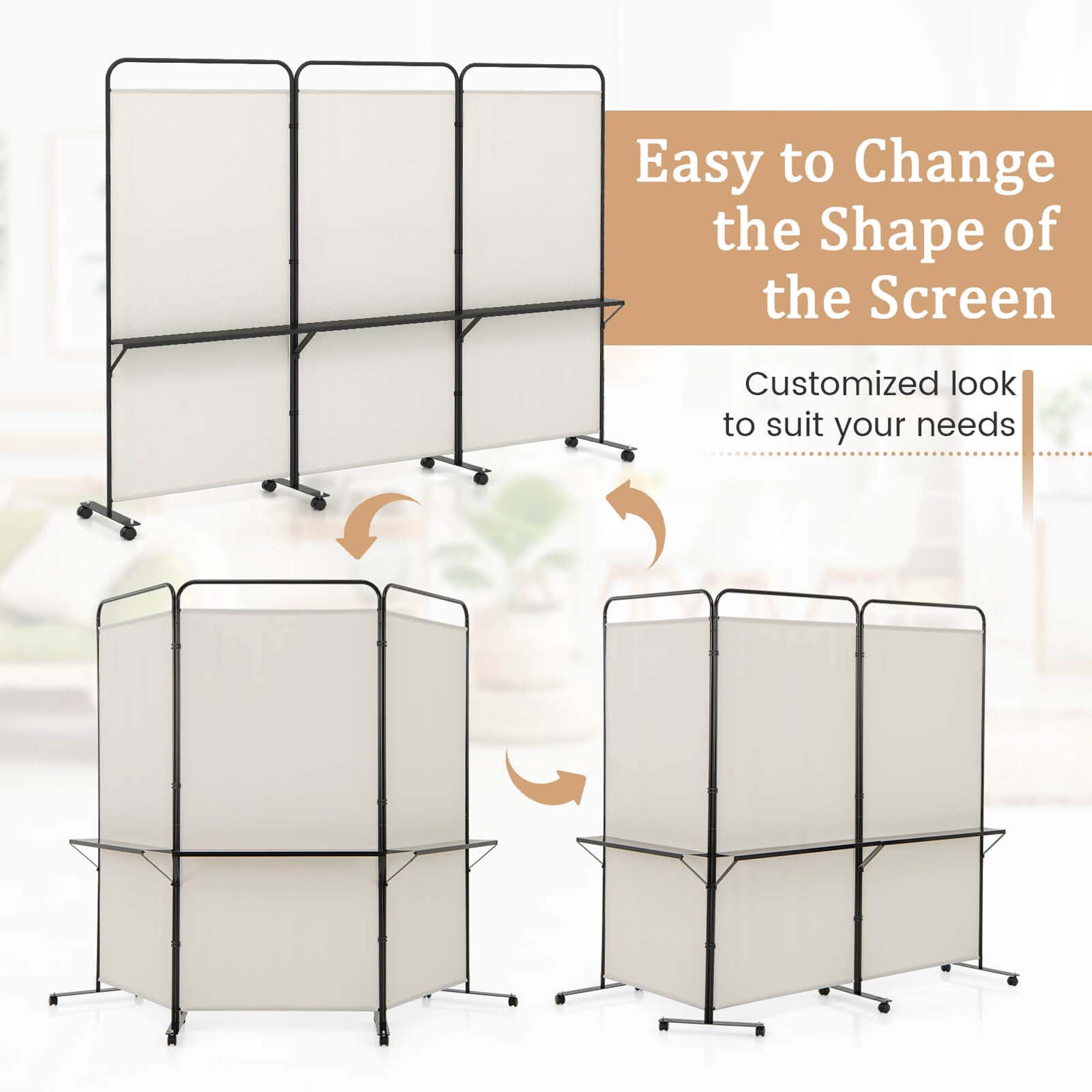 Costway 3-Panel Room Divider with Storage Shelves 6FT Tall Folding Privacy Screen on Wheels White