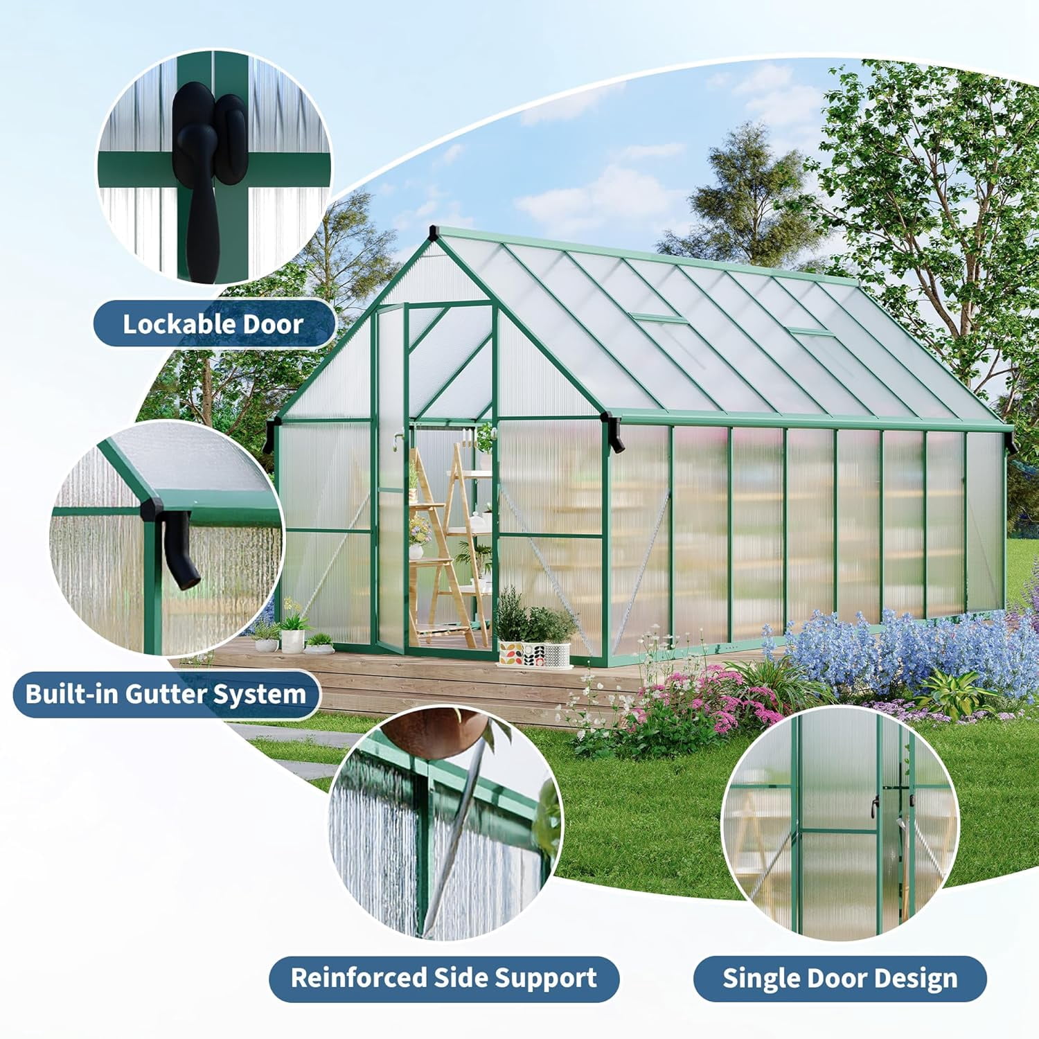 Senfot 8 x 16ft Walk-in Greenhouse Heavy-Duty Aluminum Frame Polycarbonate Panels Quick Setup Roof Vent Large Outdoor Greenhouse Kit for Garden Backyard Green