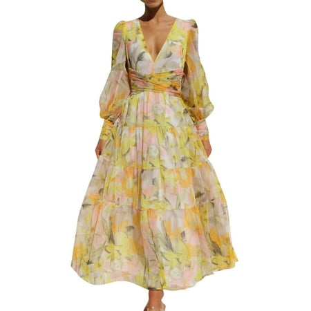 RYKJLWY Summer Dresses for Women 2024 Ladies  Spring And Summer 2023 Leisure Printed Long Sleeve V Neck Sun Dress Graduation Dress (Yellow M)