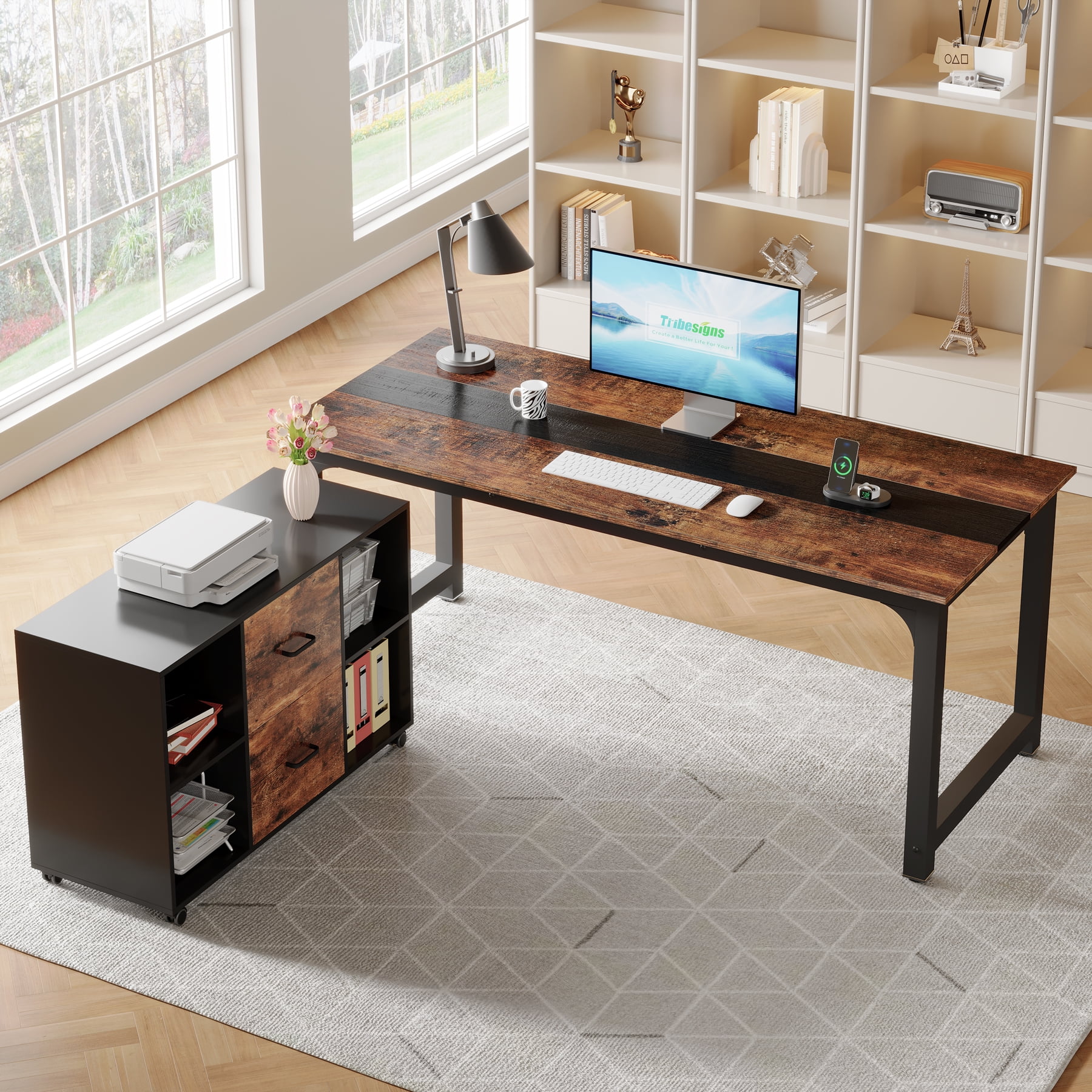 Tribesigns Executive Computer Desk with File Cabinet, 71-inch Home Office Desk with Filing Storage Drawer Cabinet, Brown & Black