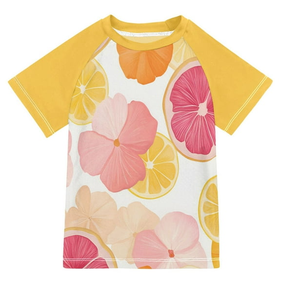 FORMRS Boys Rash Guard with Short Sleeves UPF 50  Swim Shirts Sizes 3-12T, Pink Floral Orange