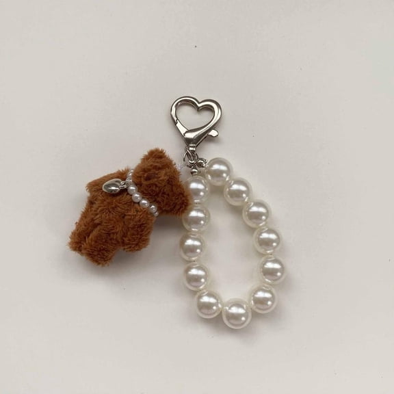 Plush Teddy Bear Pearl Bracelets Cell Phone Chain Cute Doll Bag Charms Keychain Pendant Girl Heart Hanging Ornament