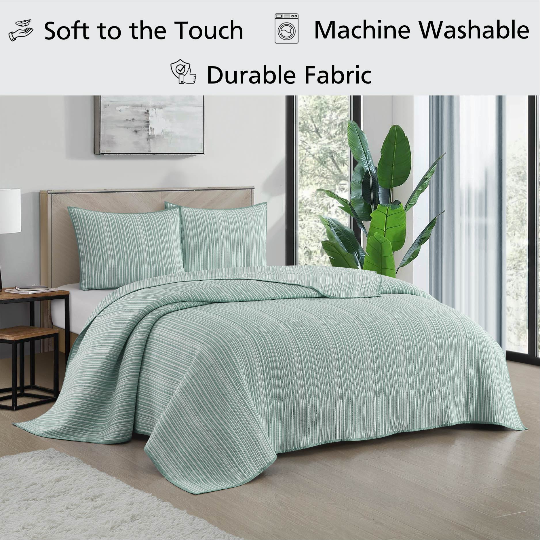 Mainstays Essentials Full/Queen Stripe Quilt, Green Coverlet, Lightweight & Reversible Bedding