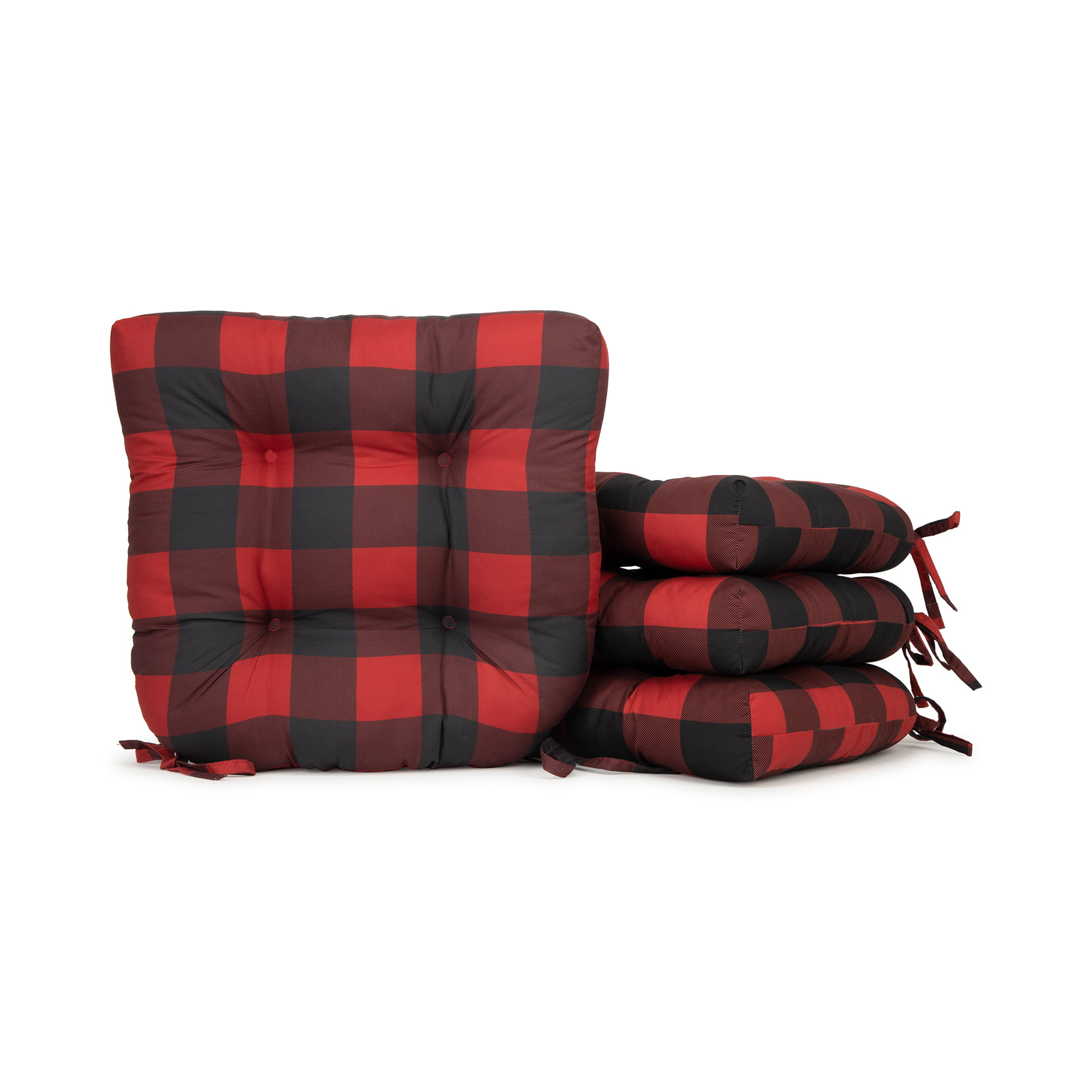 Buffalo Plaid Red & Black Microfiber Kitchen Tie On Chair Pad Seat Cushion 