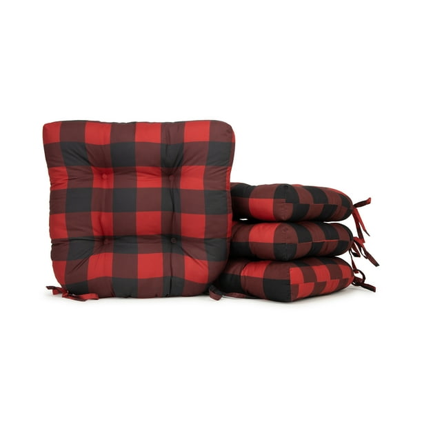 Mainstays Printed Faux Suede 14.5" Chair Cushion with Ties, 4 pack, Red & Black Buffalo Check