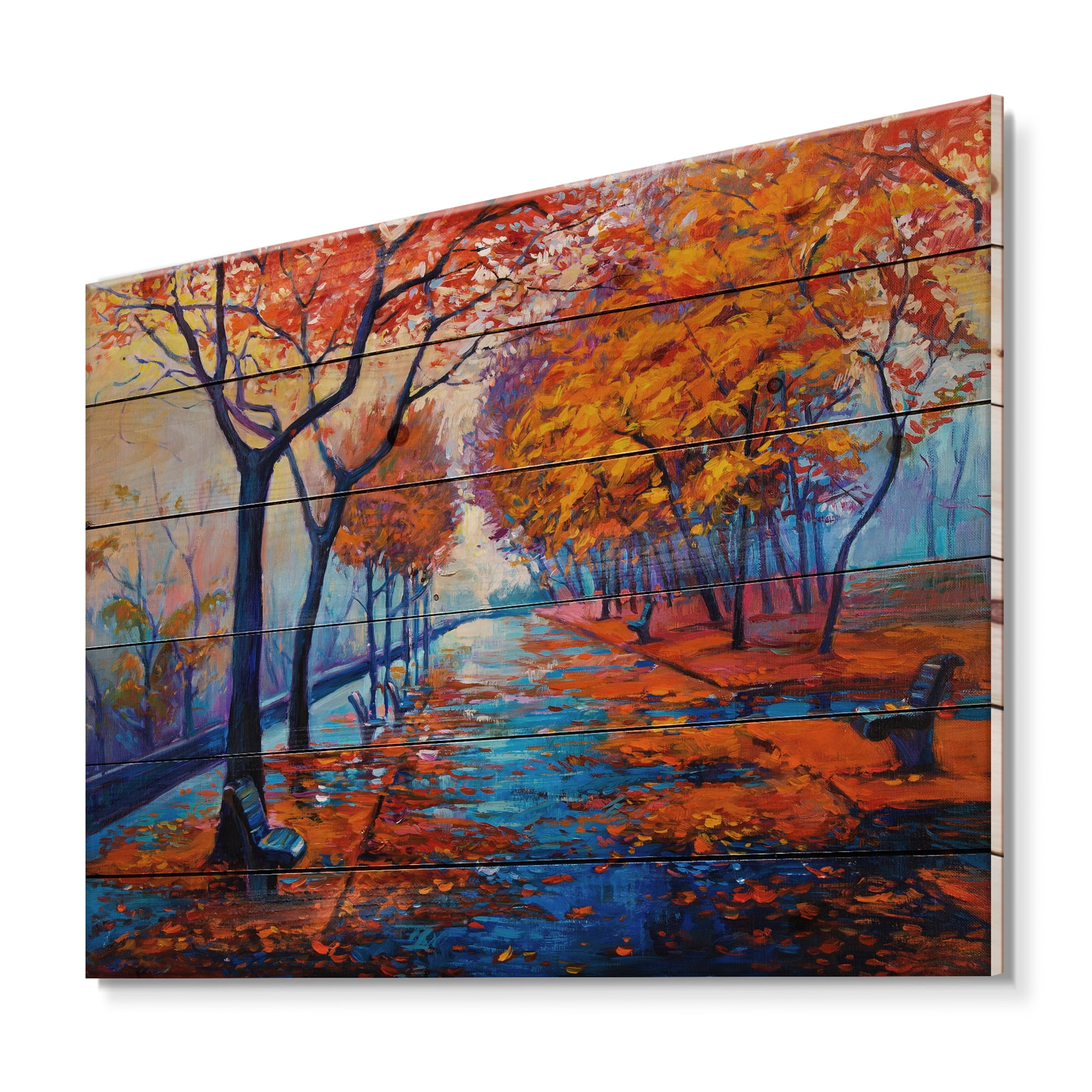 Designart 'Orange Autumn Landscape With Little Road III' Traditional Print on Natural Pine Wood