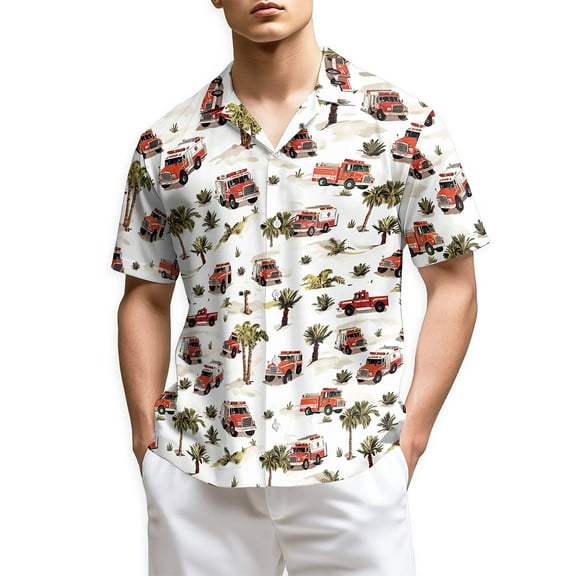 Netecom Fire Truck Firefighter Hawaiian Shirt for Men, Button Down Summer Beach Short Sleeve, S-5XL