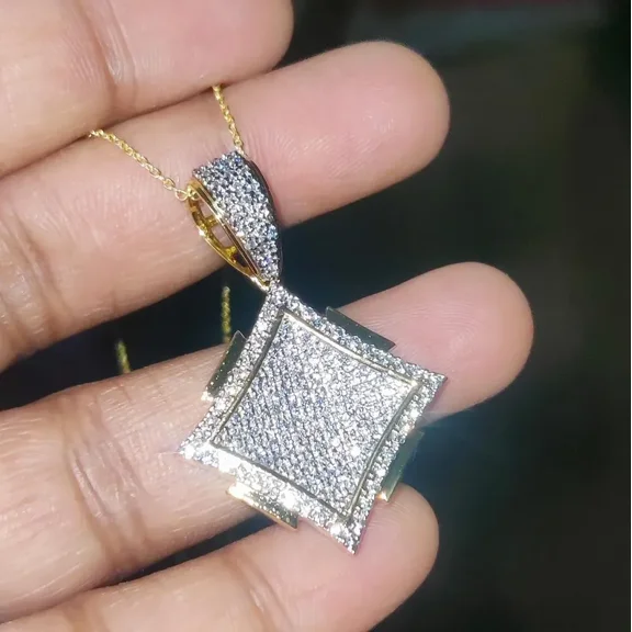 Aishvi Jewels Round cut Moissanite Square Pendant Natural Tester Pass 14K Yellow Gold Plated Unique Pendant 925 Sterling Silver