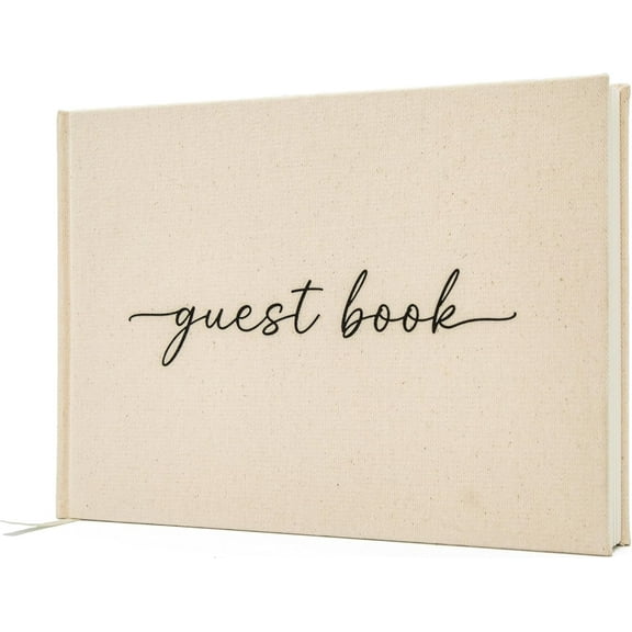 Cream Guest Book (Design 2) - 9.5 x 7 Real Linen Hardcover Guestbook for Wedding Ceremony Reception Signin, to Add Polaroid & Write Messages, Bridal Baby Shower Engagement Birthday Party, Small Size