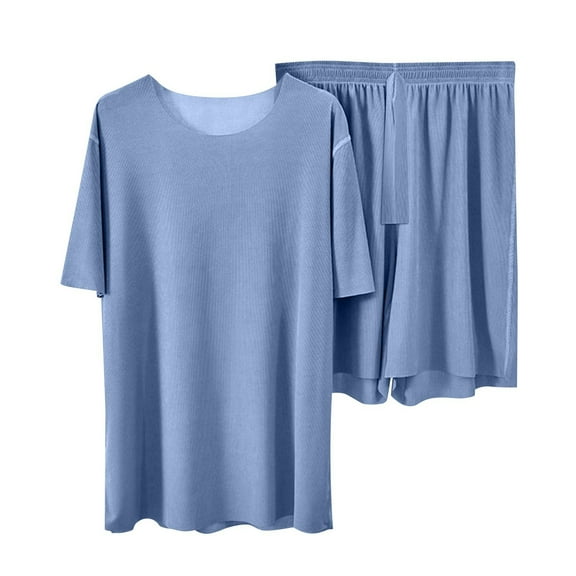 Women's Relaxed Cotton Pajama Set - Breathable Short Sleeve Shirt & Stretchy Shorts Comfy Two-Piece Sleepwear, Home Loungewear for Women,Blue One Size