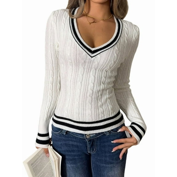 Women'S Striped Cable Knit Preppy Sweater Tops V Neck Long Sleeve Pullovers Slim Fit Knitwear White XL