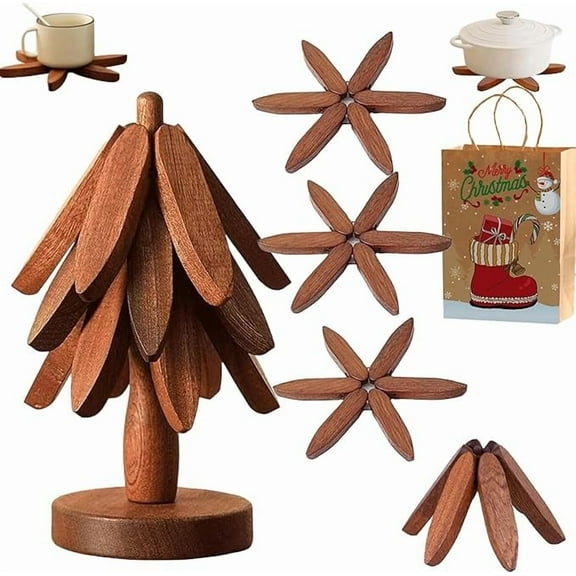 Natural Wooden Trivets for Hot Dishes - Tree Shape Trivet Set - 3 Wooden Trivets + 1 Stand - Stackable Christmas Tree Design
