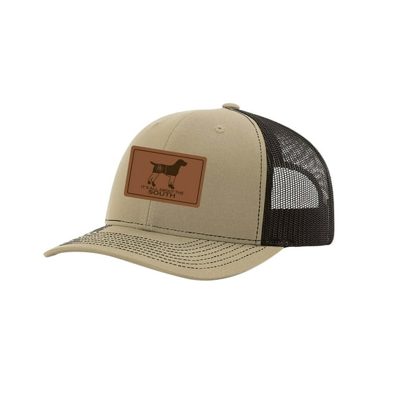 It's All About the South Pointer Outline Georgia Flag Laser Engraved Leather Patch Trucker Hat, Khaki/Coffee