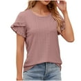thumbnail image 4 of Meichang Hauts à Illets pour Femmes Tendance Été Uni Pétale Manches Courtes T-Shirts Col Rond Blouses Basiques Décontractées Travail T-Shirts Ajourés Rouge Pastèque S, 4 of 4