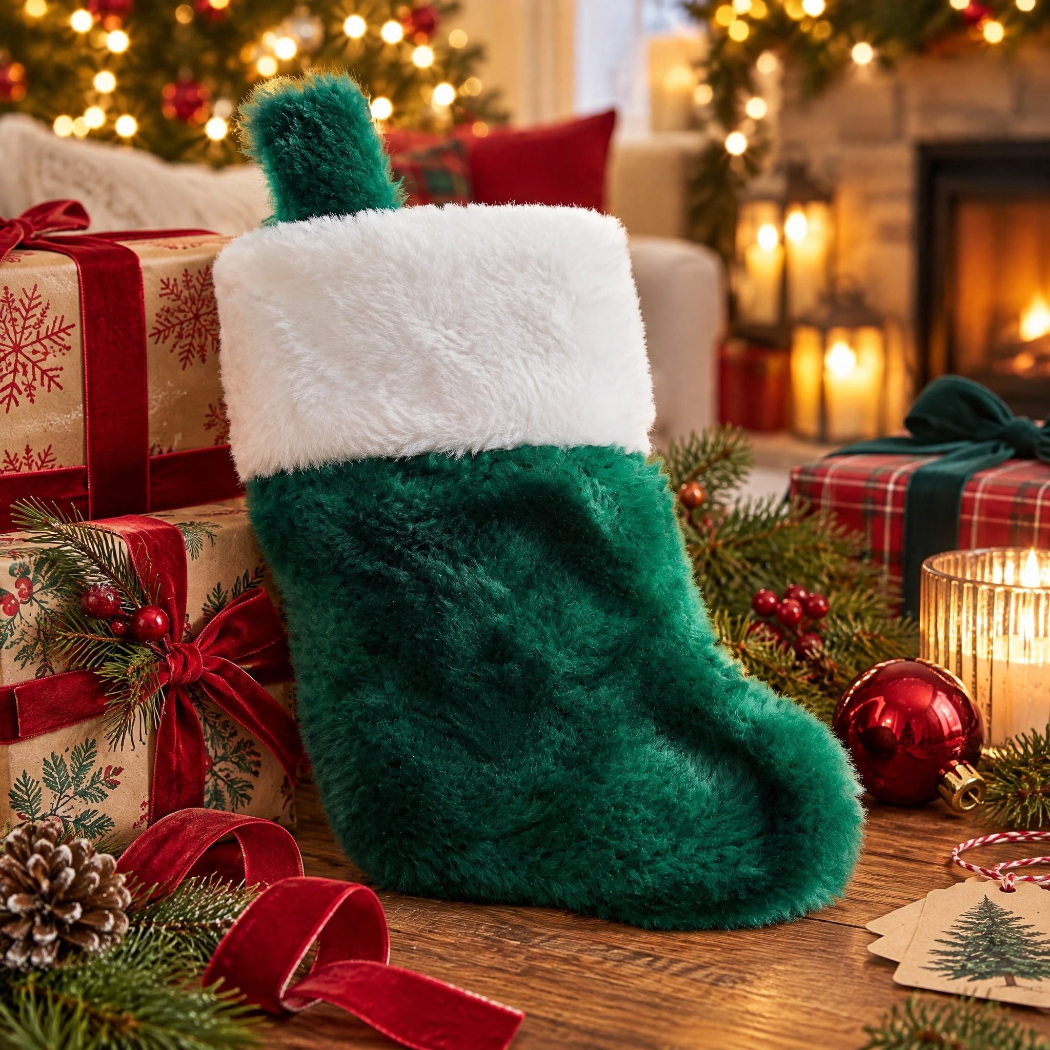 Mini Christmas Stocking, Green and White, 5", by Holiday Time