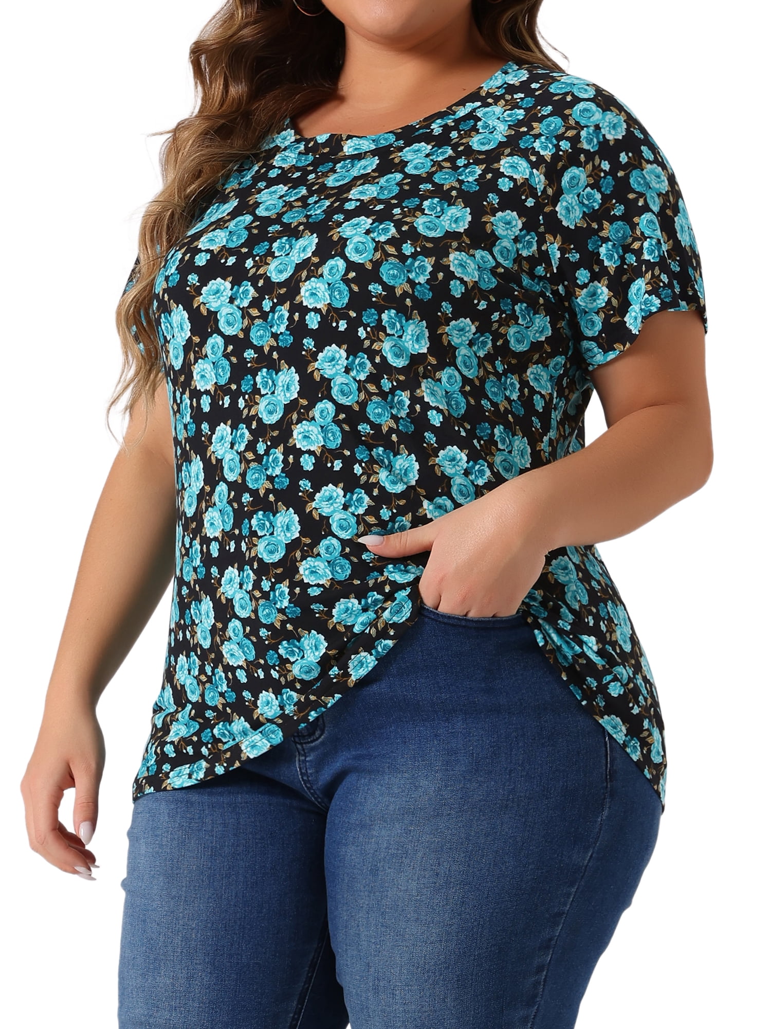 Women's Plus Summer Casual Floral Top Blouse Round Neck Short Sleeve Tee 3X Blue