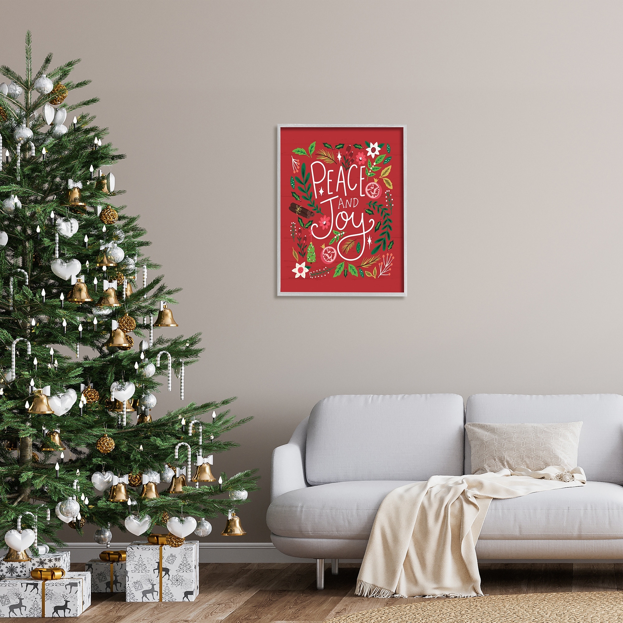 Stupell Industries Peace & Joy Holiday Botanicals Plants Modern Calligraphy Graphic Art Gray Framed Art Print Wall Art, Design by Louise Allen