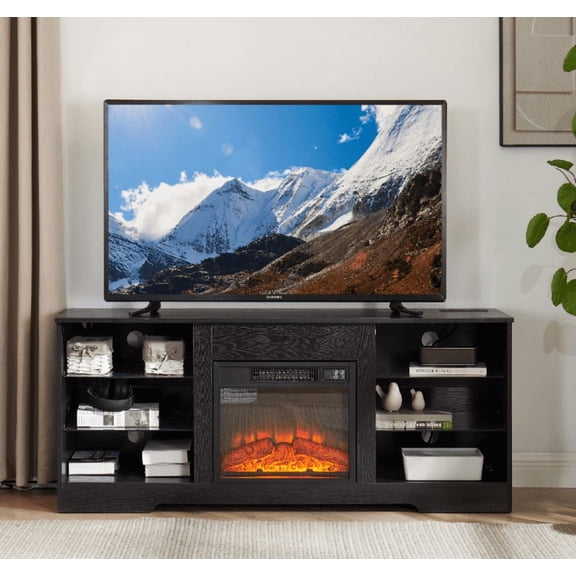 Kselythan 58" Electric Fireplace TV Stand,TV Stand,Functional Entertainment Center,LED TV Console Wooden TV Cabinet,With Power Outlet and Open Glass Shelf,For Up To 60-65 Inch TV