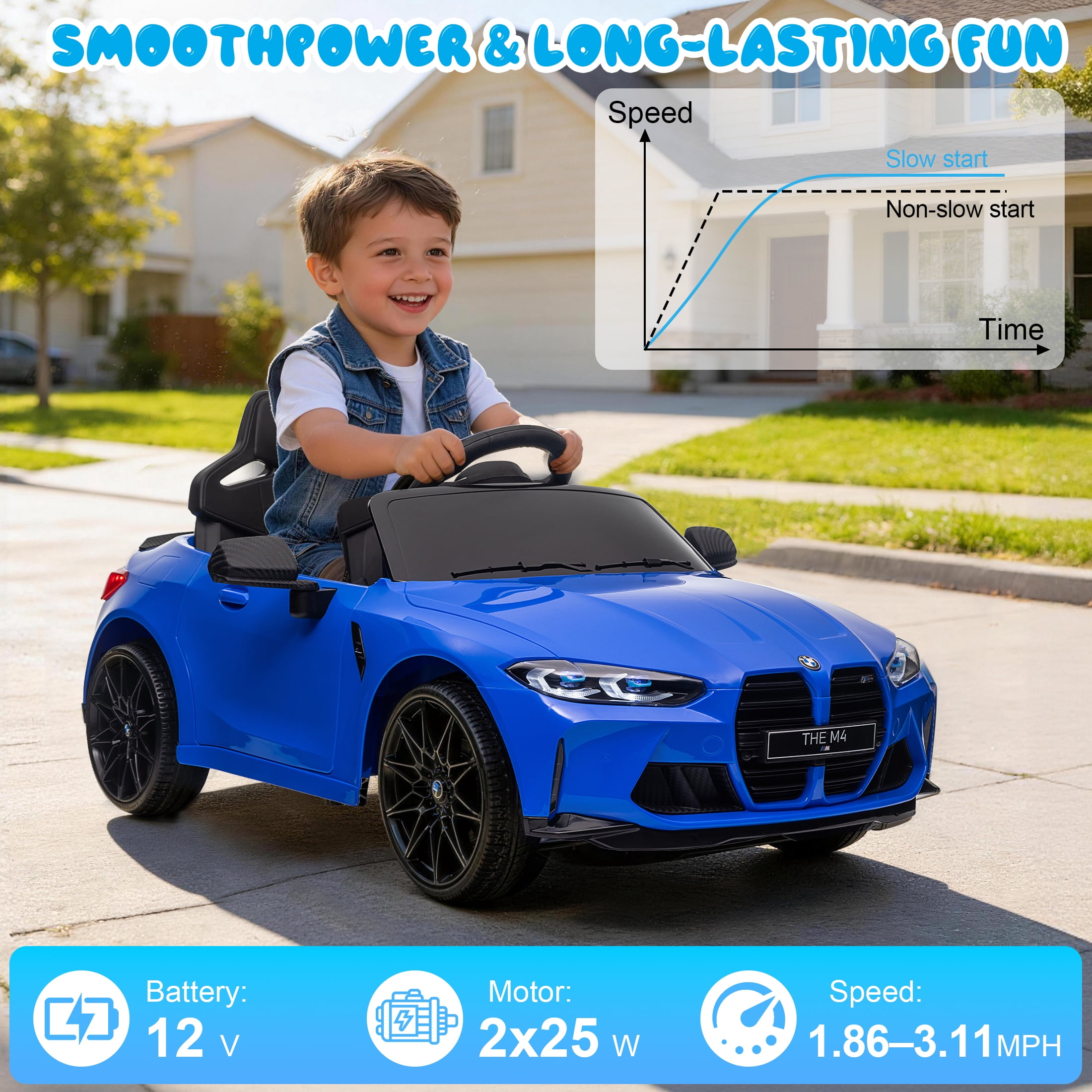 BMW M4 12V Kids Ride On Toy Car with Parents Remote, Electric Car with USB/MP3, Bluetooth, LED Light, Toddler Car with A Handle with Wheels and A Pull, Easy to Carry, Gift for Boys Girls 2-5, Blue