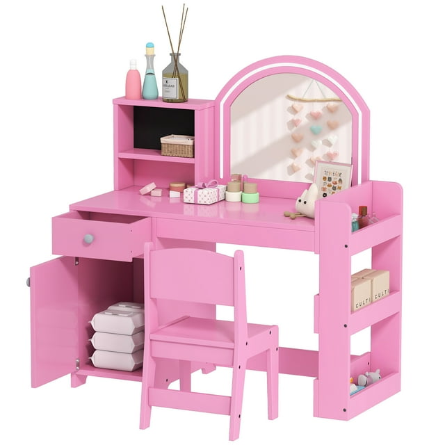 Qaba Coiffeuse pour Enfants avec Miroir Éclairé, Tabouret, Armoire, Tiroir, Rose