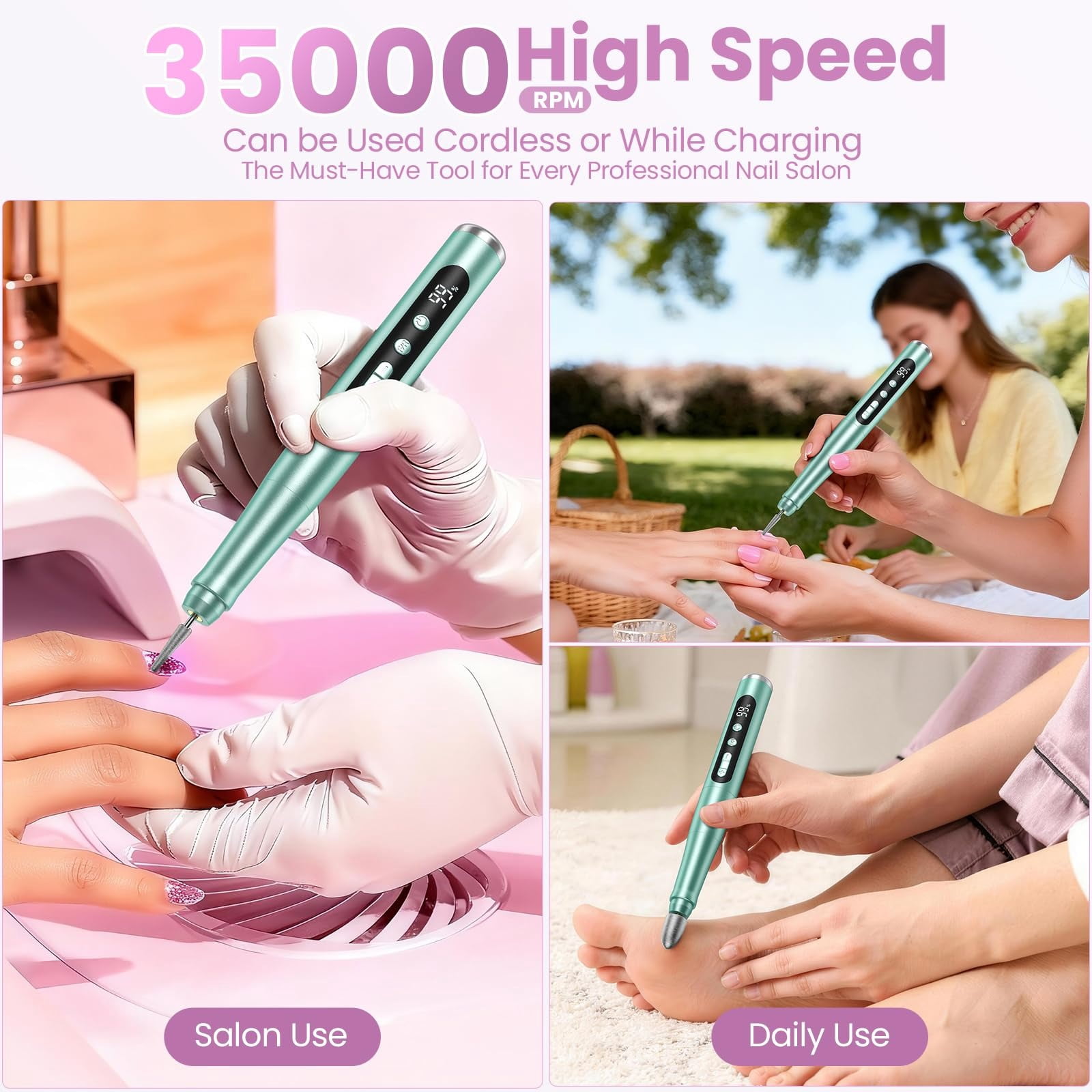 Cordless Nail Drill 35000RPM, LCD Display Low Noise Nail File Kit, Portable Manicure Pedicure Tool for Acrylic/Gel Nails, with 9 Drill Bits & Sanding Bands