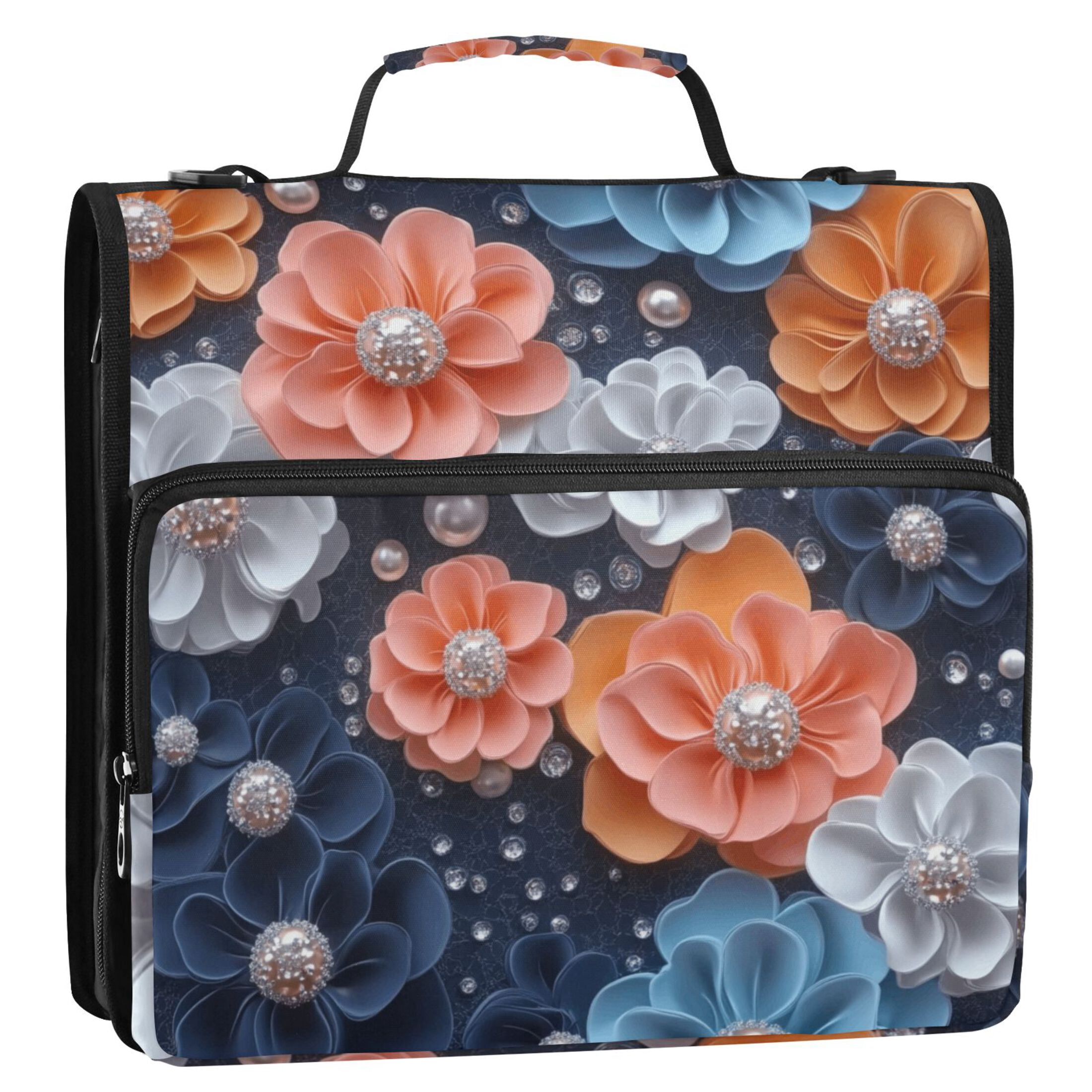 3 Ring Zipper Binder with Shoulder Strap Waterproof Trapper Keeper 2 Inch D-Ring 500 Sheets Capacity Colorful Flower and Pearls