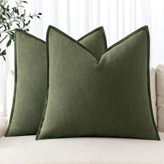 Linen Throw Pillow Covers 2-Pack, 24x24" Dark Olive Green Farmhouse Shams