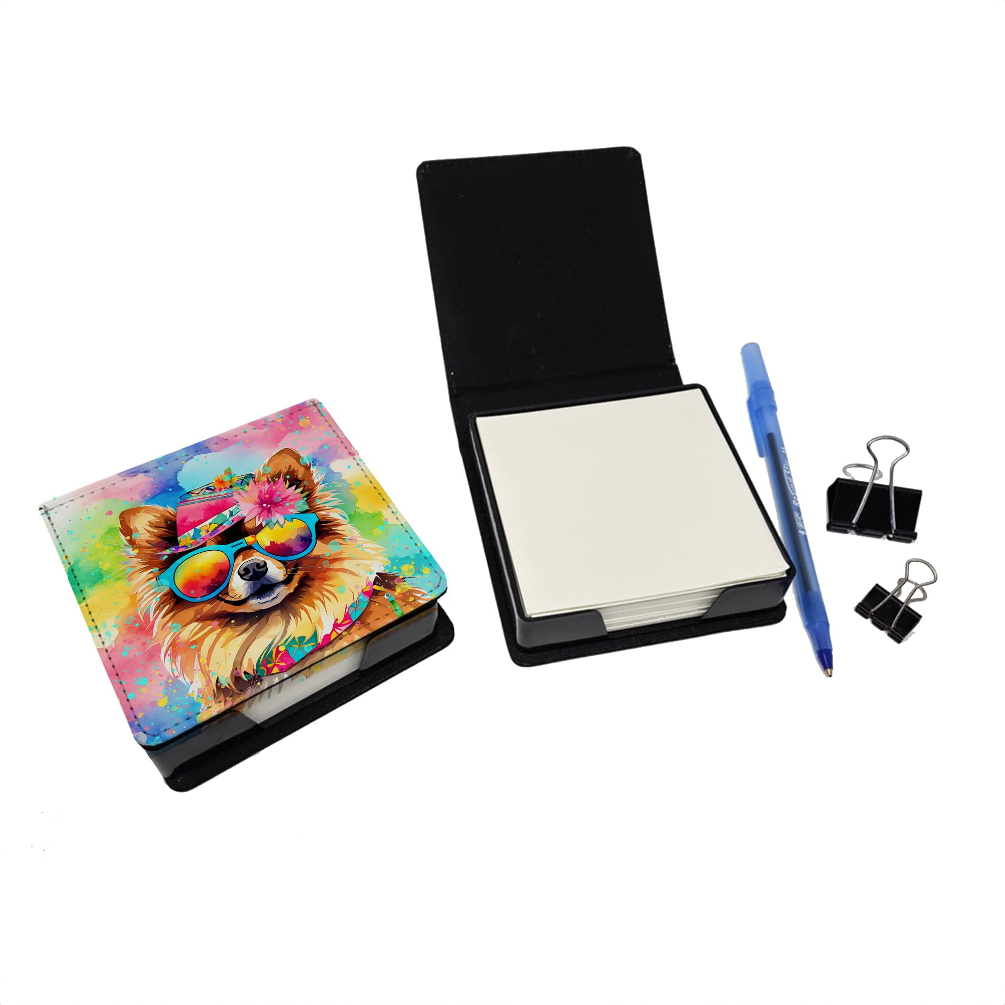 Caroline's Treasures Pomeranian Hippie Dawg PU Leather Note Paper Holder with Artist-Designed Cover, Desk Accessory, Office Gift