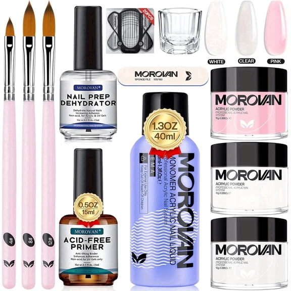 Morovan Acrylic Nail Kit: Clear Pink White Acrylic Nail Powder and Professional Liquid Set for Nail Extension - DIY at Home With Brush for Beginners
