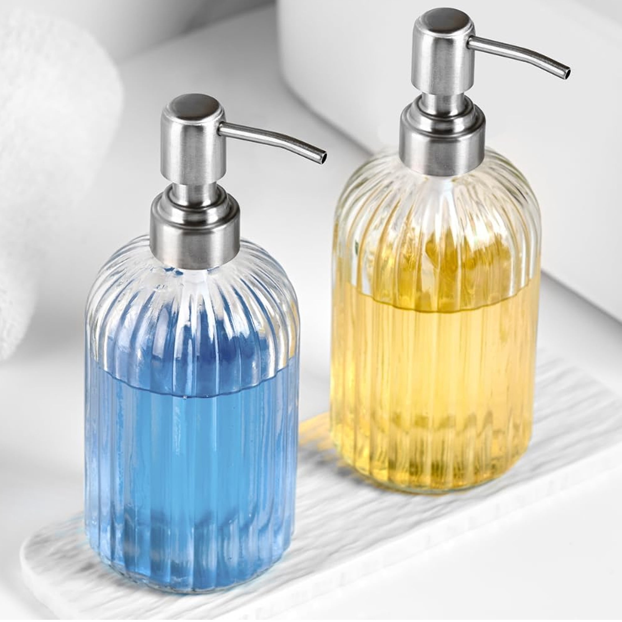 2 Pack Glass Soap Dispenser with Stainless Steel Pump, 18oz Refillable Hand Soap & Dish Soap Dispenser, Clear Liquid Lotion Container with Wooden Tag for Bathroom Kitchen Countertop