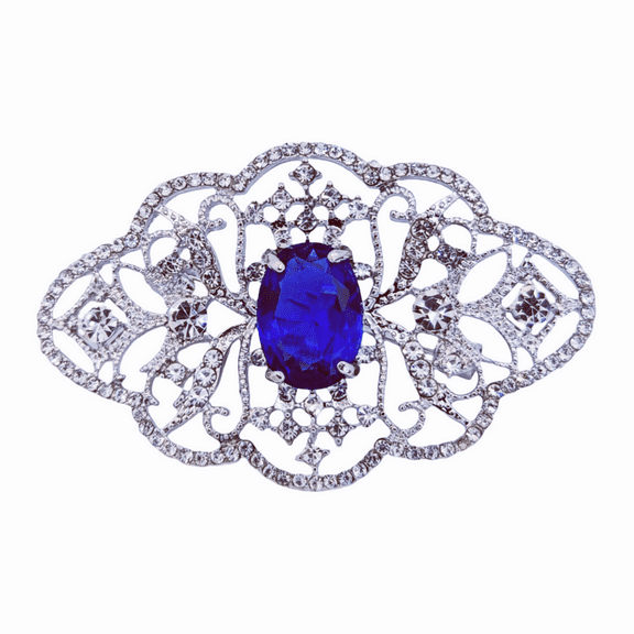 Filigree Oval Blue Sapphire Brooch, Silver-toned, 2.13 x 1.30 Inches