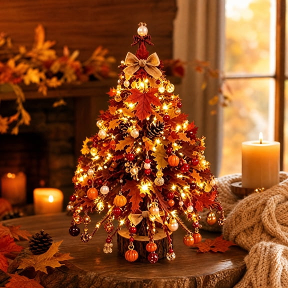 7.87 Inch Autumn Maple Leaf Mini DIY Tabletop Tree,Handmade Beaded Pumpkin Decor Tree,Thanksgiving Desktop Ornament for Indoor Shelf Table Decor
