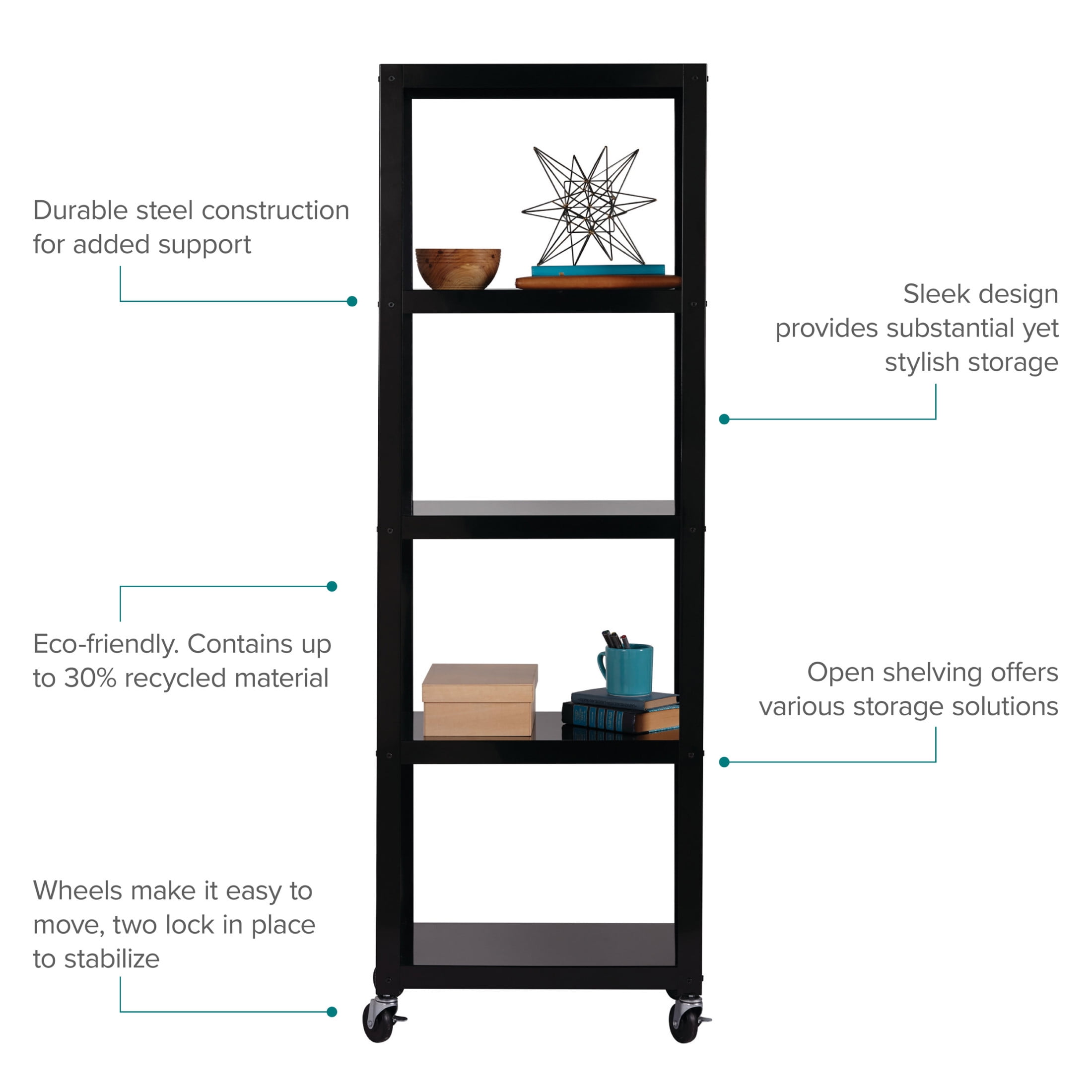 Office Dimensions 72" High Rolling 5 Shelf Bookcase, Industrial Metal, Black
