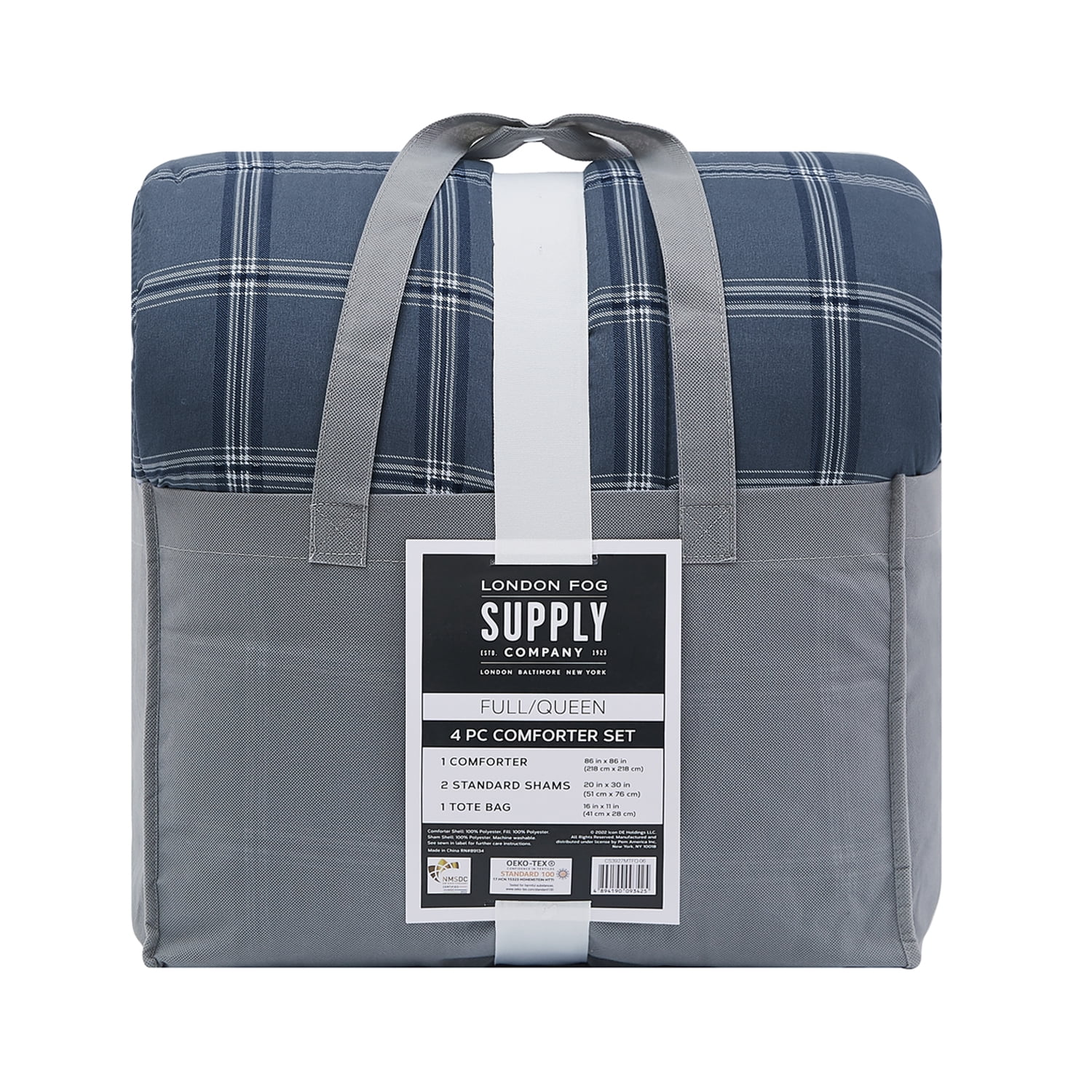 London Fog Supply Navy Grid 4-Piece Garment Washed Comforter Set, King