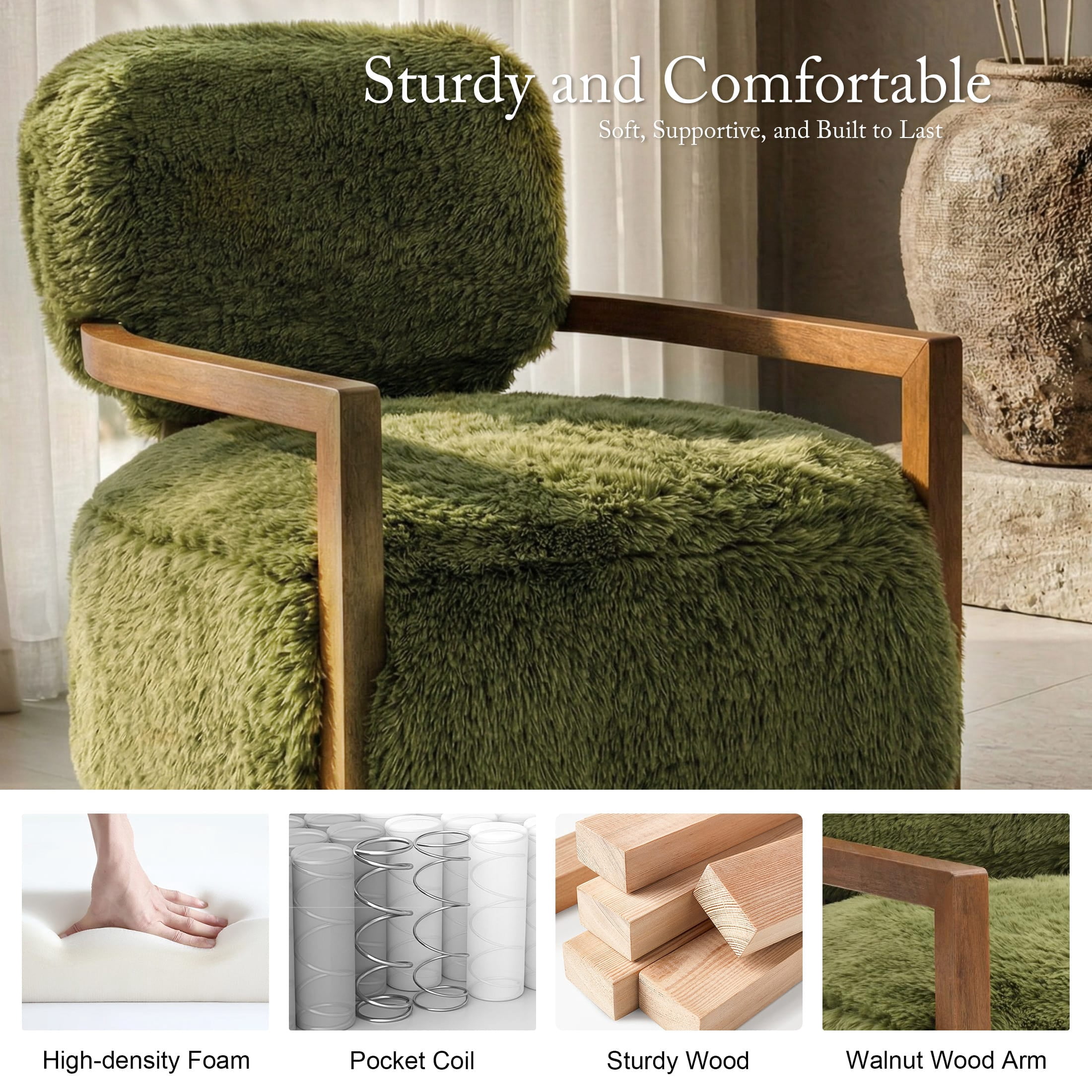 Aenkyo Yeti Contemporary Faux Fur Accent Chair with Walnut Wood Arms, Green