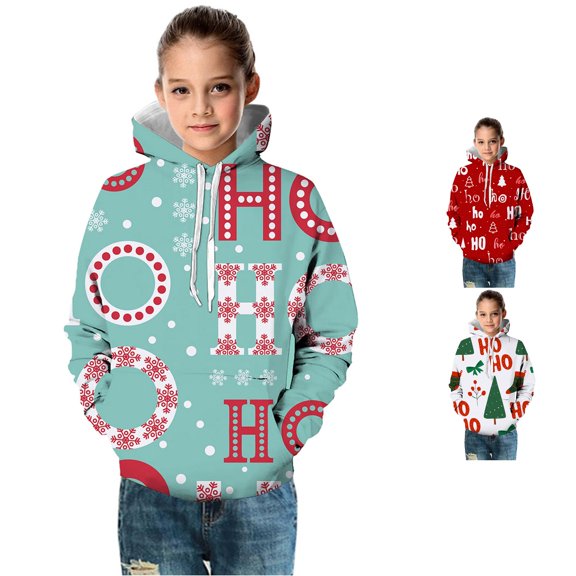 Oiyii Big Girls' Pullover Hoodie Tree Stocking All Over Print Long Sleeve Casual Hooded Sweatshirt Pullover Top,Light Blue