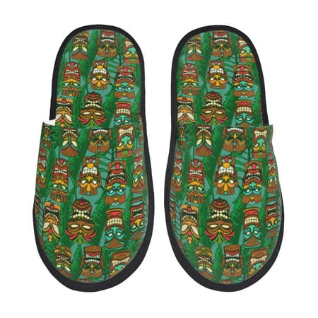 Balery Mask And Palm Leaves Slient Indoor Furry Fleece Comfort House Shoes Soft Non-Slip Home Shoes Cotton slippers House Slippers-- Large