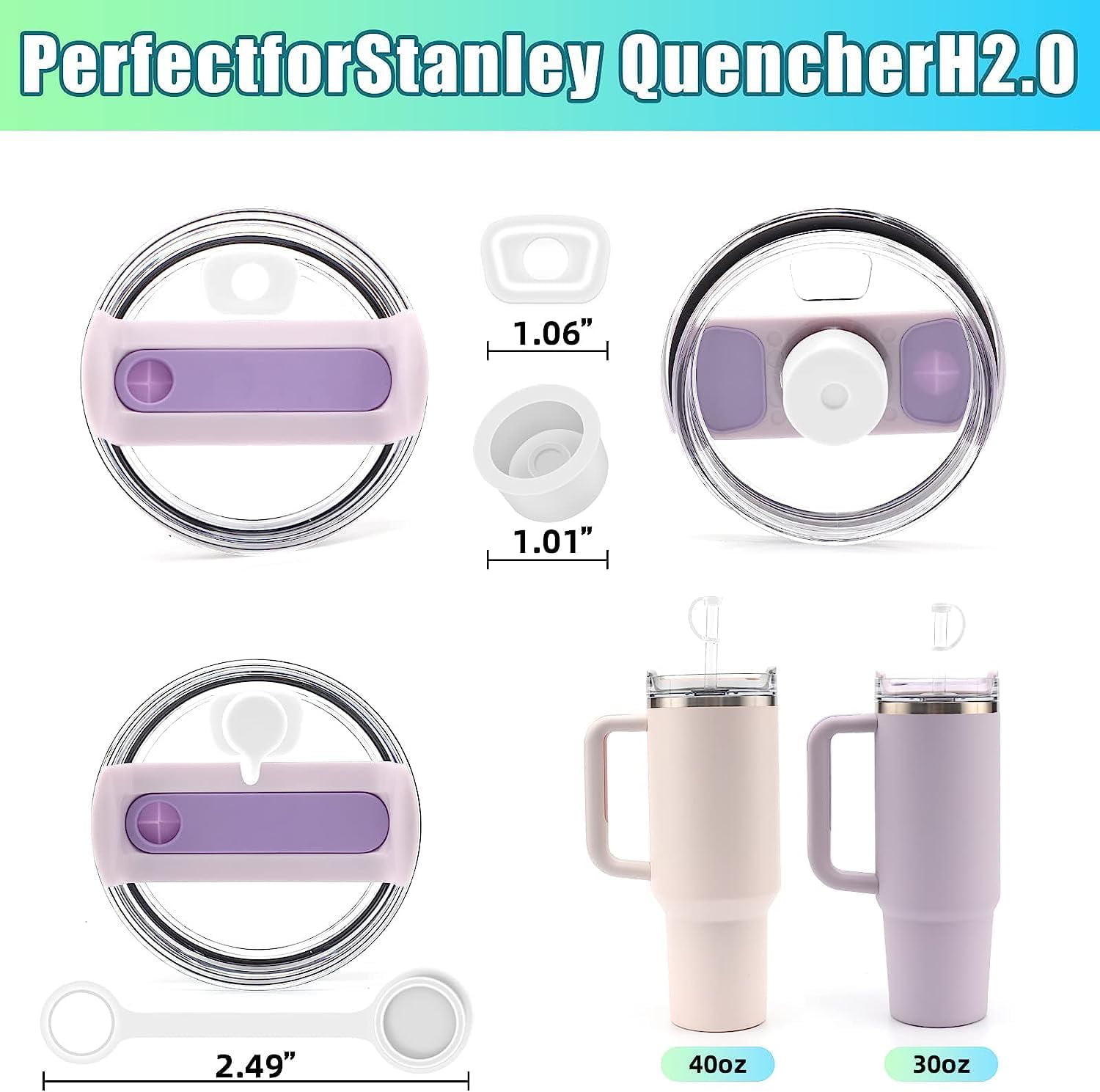 2Sets Silicone Spill Proof Stopper for Stanley 40/30 oz Quencher H2.0  Tumbler with Handle for Stanley Cup Accessories Including 2 Straw Cover  Cap, 2 Round Leak Stopper 2 Square Spill Stoppers 