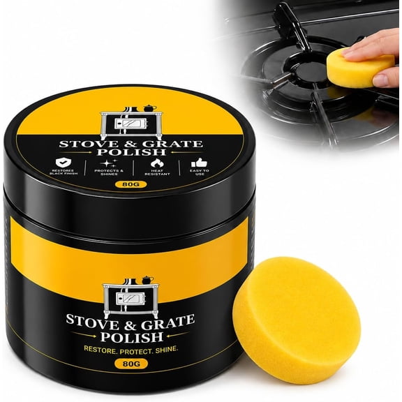 Cast Iron Stove Polish, Black Restoring & Protective Paste with Sponge Applicator, for Wood-Burning Stoves, Fireplace Grates, and Fire Surround Maintenance, Ideal for Home and Outdoor Use(RL)