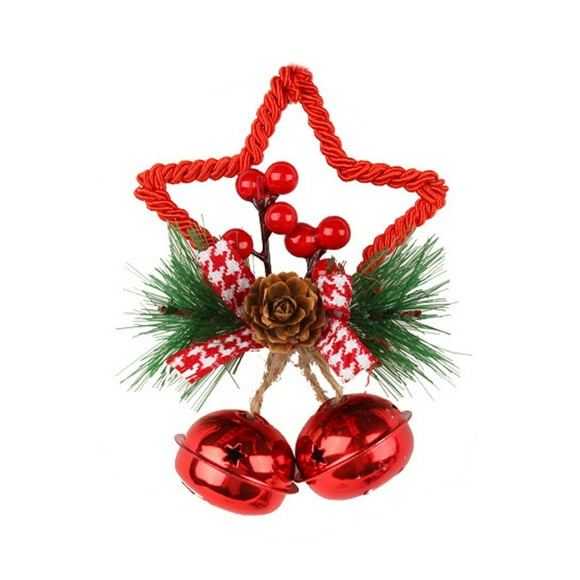Christmas Decoration Jingle Bells, Metal Pentagram Bell with Pine Cones, Pine Needles, Bows, for Christmas Tree Hanging Ornament