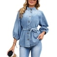 thumbnail image 5 of SETOOFF Womens 3/4 Length Sleeve Tops Denim Blouses Stand Collar Button Front Belted Waist Puff Sleeve Casual Shirts Women Spring Fall Travel Daily Outfit, 5 of 6