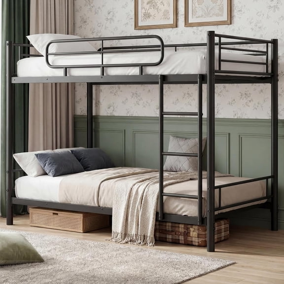 Twin Over Twin Metal Bunk Bed Frame, Heavy Duty Steel Bunk Bed with Reversible Ladder, 11.7" Safety Guardrails, No Box Spring Needed, Black